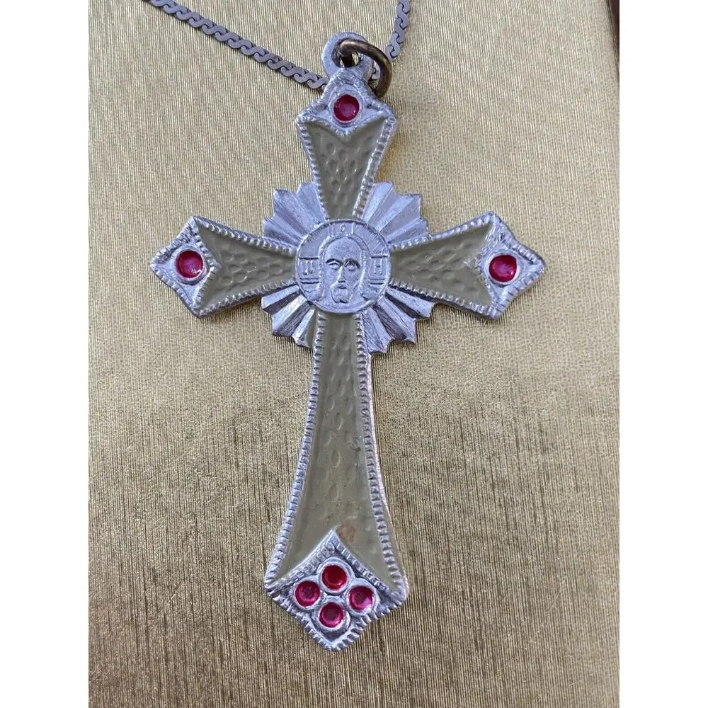 Russian Orthodox Cross Pendant Silvertone with Enameling Sterling Chain Stamped
